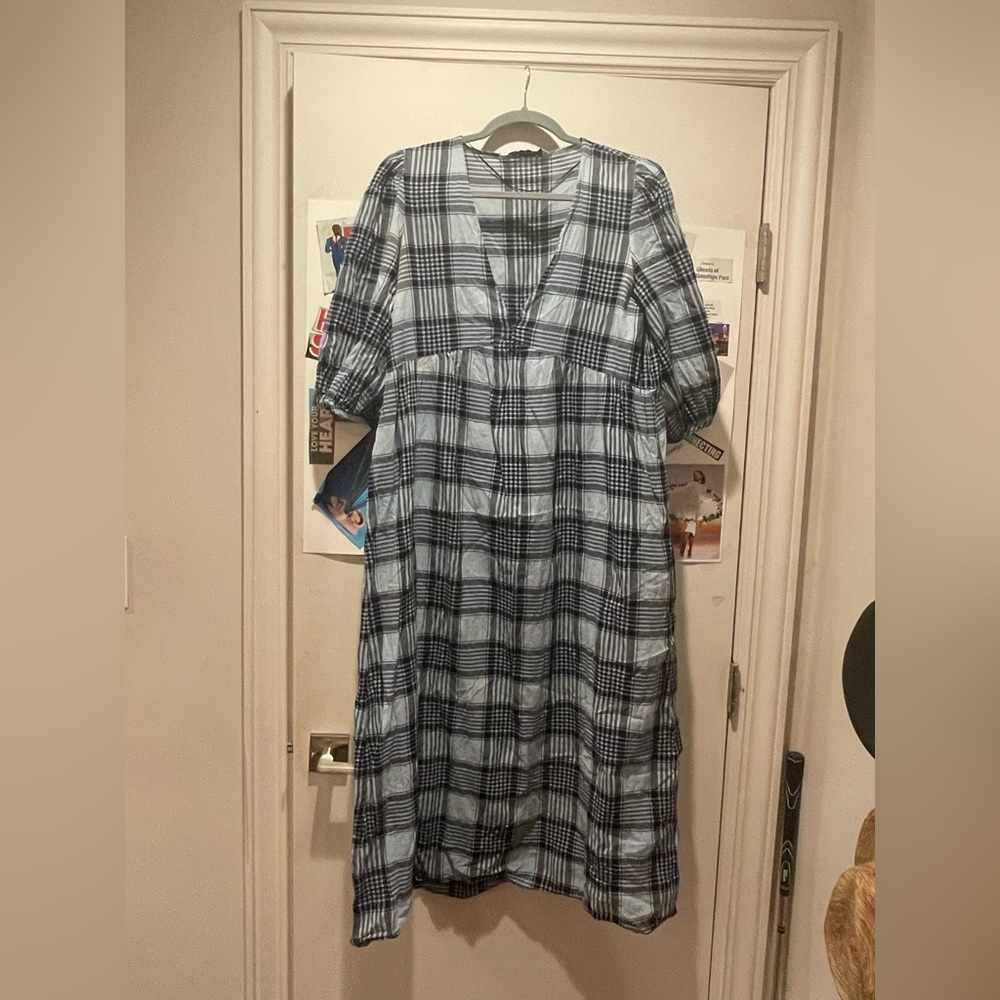 Zara Blue Plaid Midi Cotton Dress - Picture 2 of 12